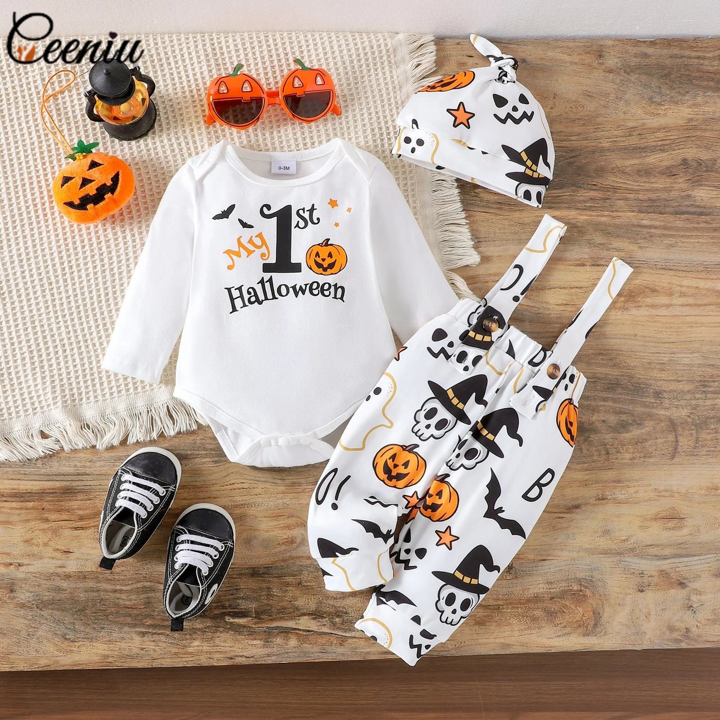 Ceeniu My First Halloween Baby Outfit for Boys Long Sleeve Letter Romper Suspender Pants+Hat Newborns Baby Halloween Costumes