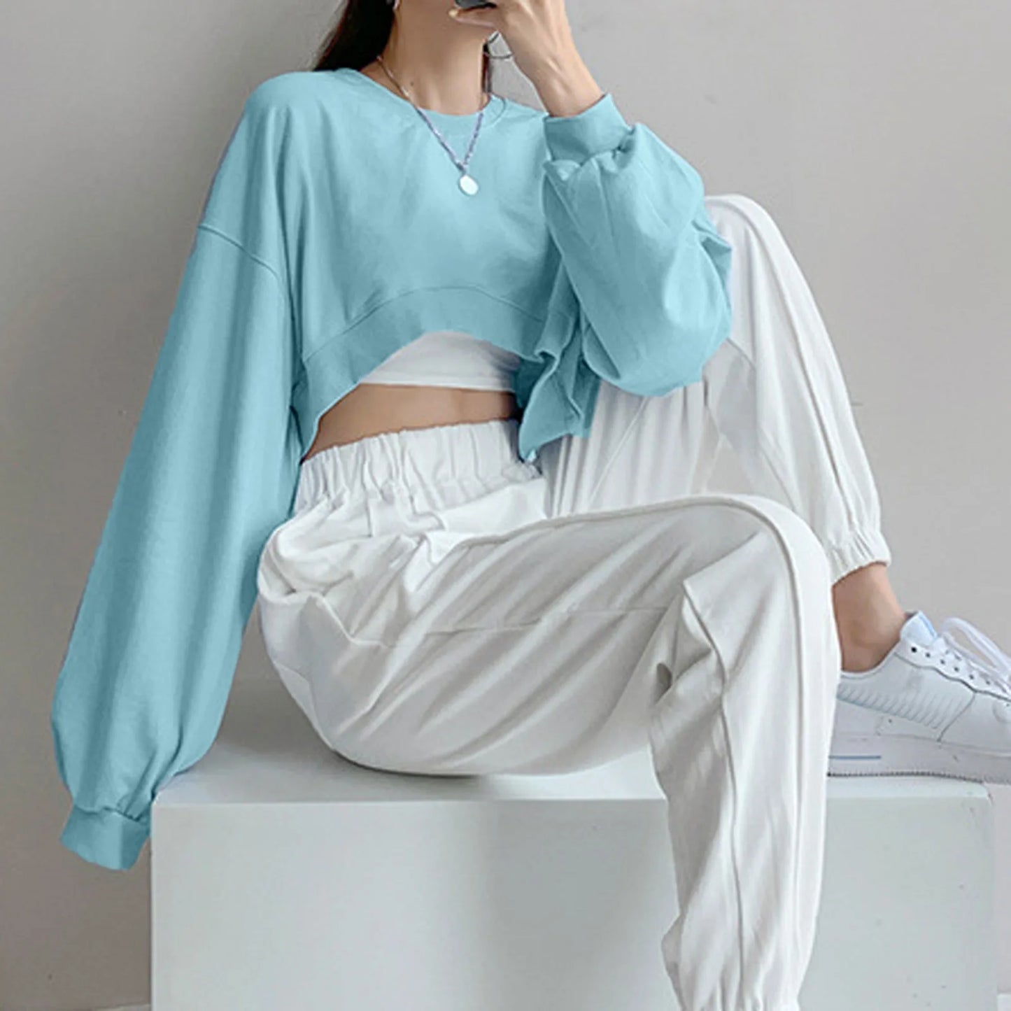 Womens Y2k Crop Top Solid Long Sleeve Top Loose Hoodie Oversized Sweatshirt Autumn Women'S Clothing Sudaderas De Mujeres Pusheen