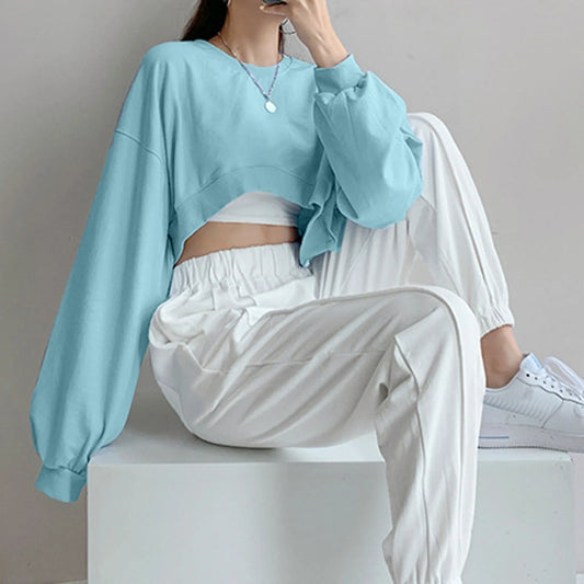 Womens Y2k Crop Top Solid Long Sleeve Top Loose Hoodie Oversized Sweatshirt Autumn Women'S Clothing Sudaderas De Mujeres Pusheen