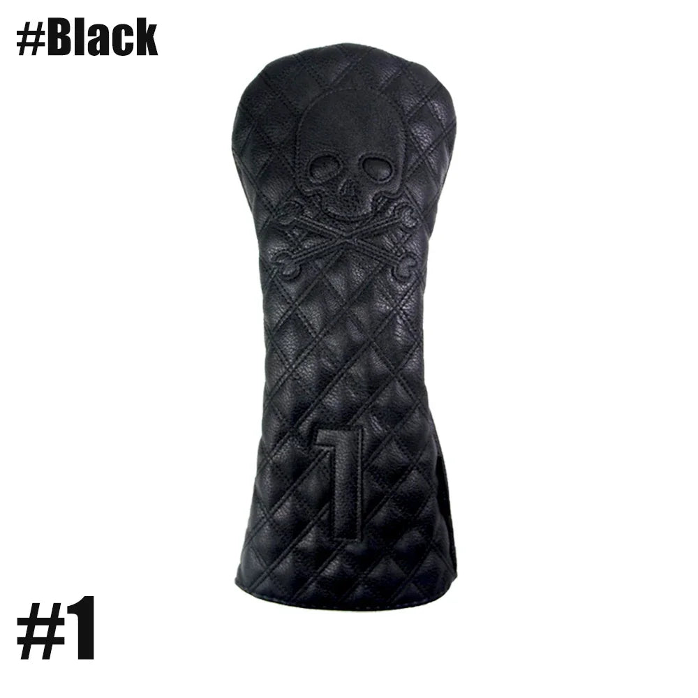 GLOOF Golf Skull Skeleton Head Cover Golf Club Black Leather Cover Set Fits Driver Fairway Wood Hybrid Golf Supplies