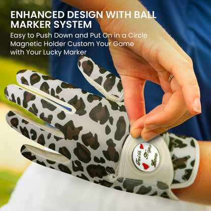 Womens Golf Glove With Ball Marker Rain Left Right Hand Leather Printed 6 Pack, Ladies Golf Gloves All Weather Grip