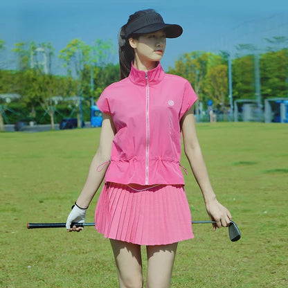 New Golf Women Outfits 2025 Zipper Stand Collar Tops Summer Thin Sports Loose Shirts Pleated Skort Designer's Golf Clothes