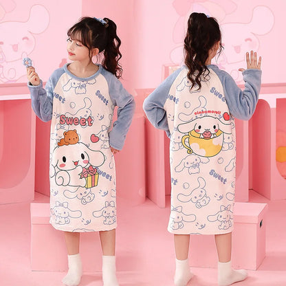 Sanrio Hello Kitty Kuromi Children's Pajamas Cinnamoroll My Melody Autumn Winter Flannel Anime Kids Robe Long Sleeved Girls Boys