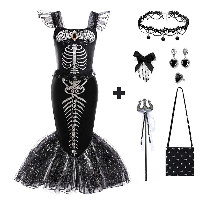 Fishtail Bone Skeleton Mermaid Costume Girls Kid Devil Dress Gothic Horror Corpse Bride Halloween Terror Outfit Party for Child