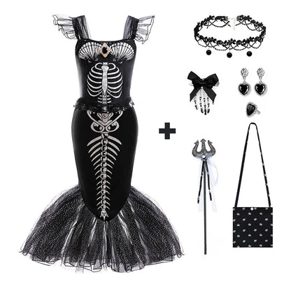 Fishtail Bone Skeleton Mermaid Costume Girls Kid Devil Dress Gothic Horror Corpse Bride Halloween Terror Outfit Party for Child