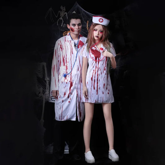 Women Sleeveless Dress Horror Bloody Nurse Skull Overalls Terror Cosplay Halloween Costumes Ghost Nurse Carnival Prop Clothes