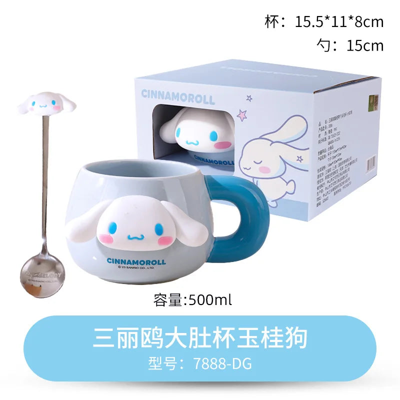 Sanrio Ceramic Mug My Melody Kuromi Cinnamoroll Anime Large Capacity Milk Cup With Spoon Mark Cup Lovers Coffee Cup Girl'S Gift