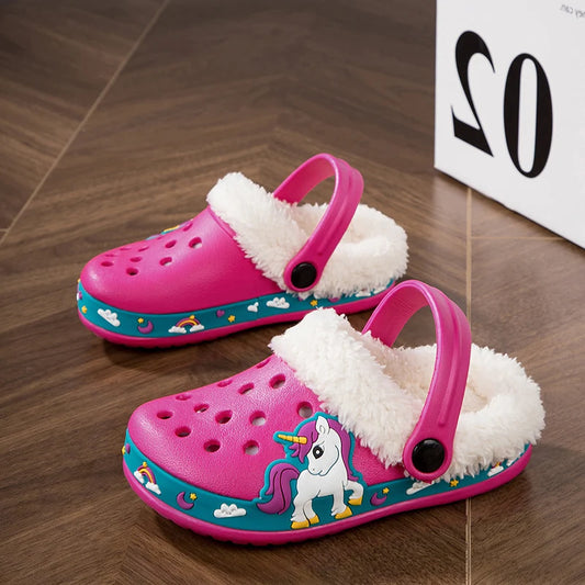 Winter Kids Sandals Fleece-Lined Non Slip Children Slippers Girls Shoes Unicornio Mules & Clogs Cartoon Cute Infant Garden Shoes