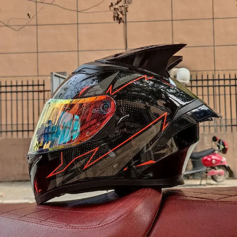 Orz Motorcycle  Full Face Helmet Dual Lens Racing Helmet Personality Horns Modular Flip Up Helmets DOT Approved