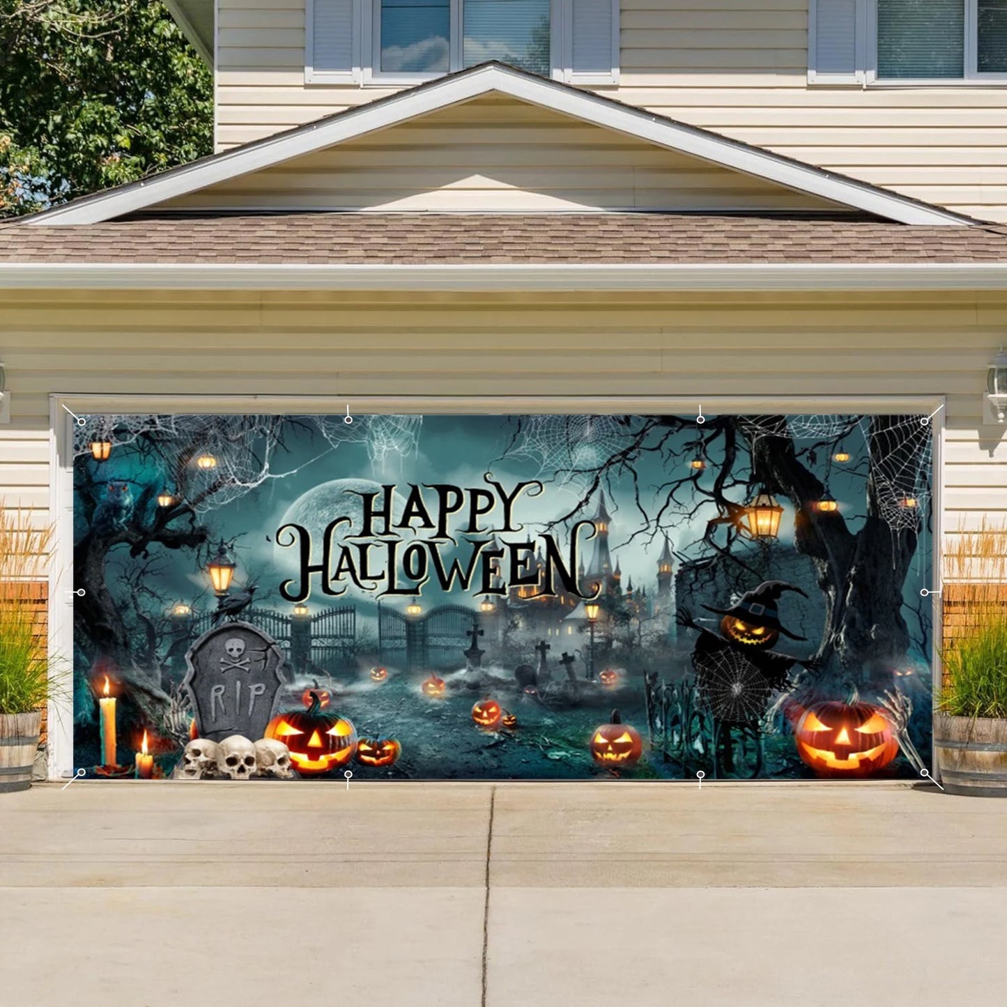 Halloween Garage Door Photography Background Spooky Graveyard Gate Witches Dark Banner Hanging Outdoor Halloween Photo Backdrop