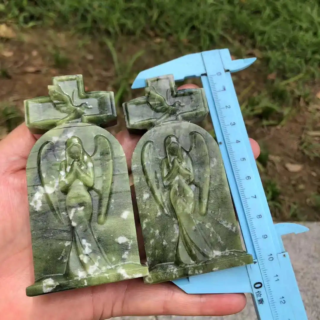 10CM Natural Green Ophiolite Quartz Crystal Carved Tombstone Angel Skull Gravestone Halloween Series Decoration Items Witchcraft