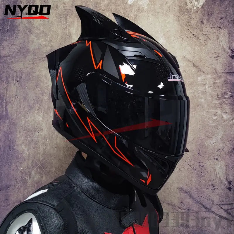 Orz Motorcycle  Full Face Helmet Dual Lens Racing Helmet Personality Horns Modular Flip Up Helmets DOT Approved