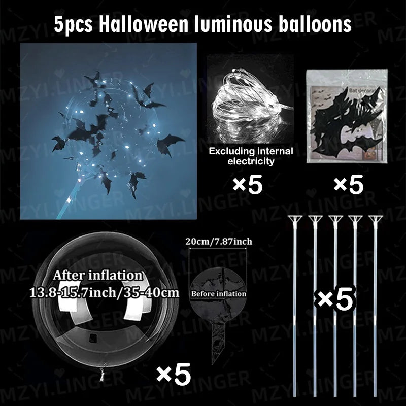 5pcs Halloween Glowing Balloon Set Transparent Bobo Balloon Bat Stickers Halloween Party Decoration Day of the Dead Decoration