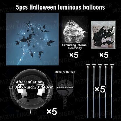 5pcs Halloween Glowing Balloon Set Transparent Bobo Balloon Bat Stickers Halloween Party Decoration Day of the Dead Decoration