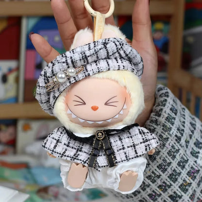 Mini Doll'S Clothes Outfit Accessories for Korea Kpop Exo 15-17cm Labubu Classic Grid Style Dress Cloak Set Beret Clothing Gift