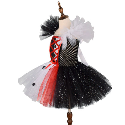 2025 Classic Girl Cosplay Clown Pure White + Black Princess Puffed Skirt Halloween Easter Festival Party Dress+ Accessories Set