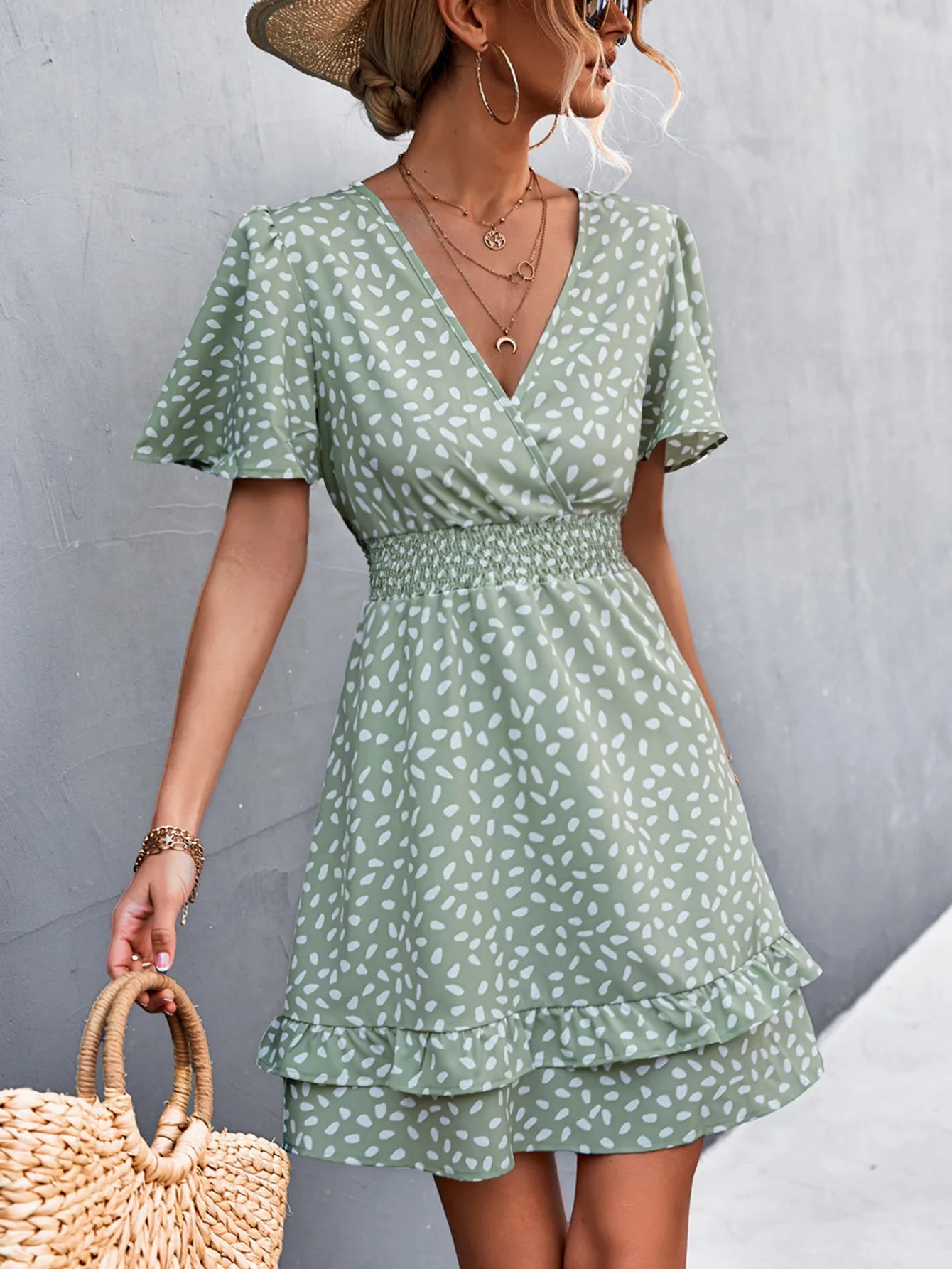 Elegant Women Dot Print Pattern Dress V-Neck Ruffles Sleeve Casual Sweet Fashion Boho Dress Women Summer Dresses Beach Holidays