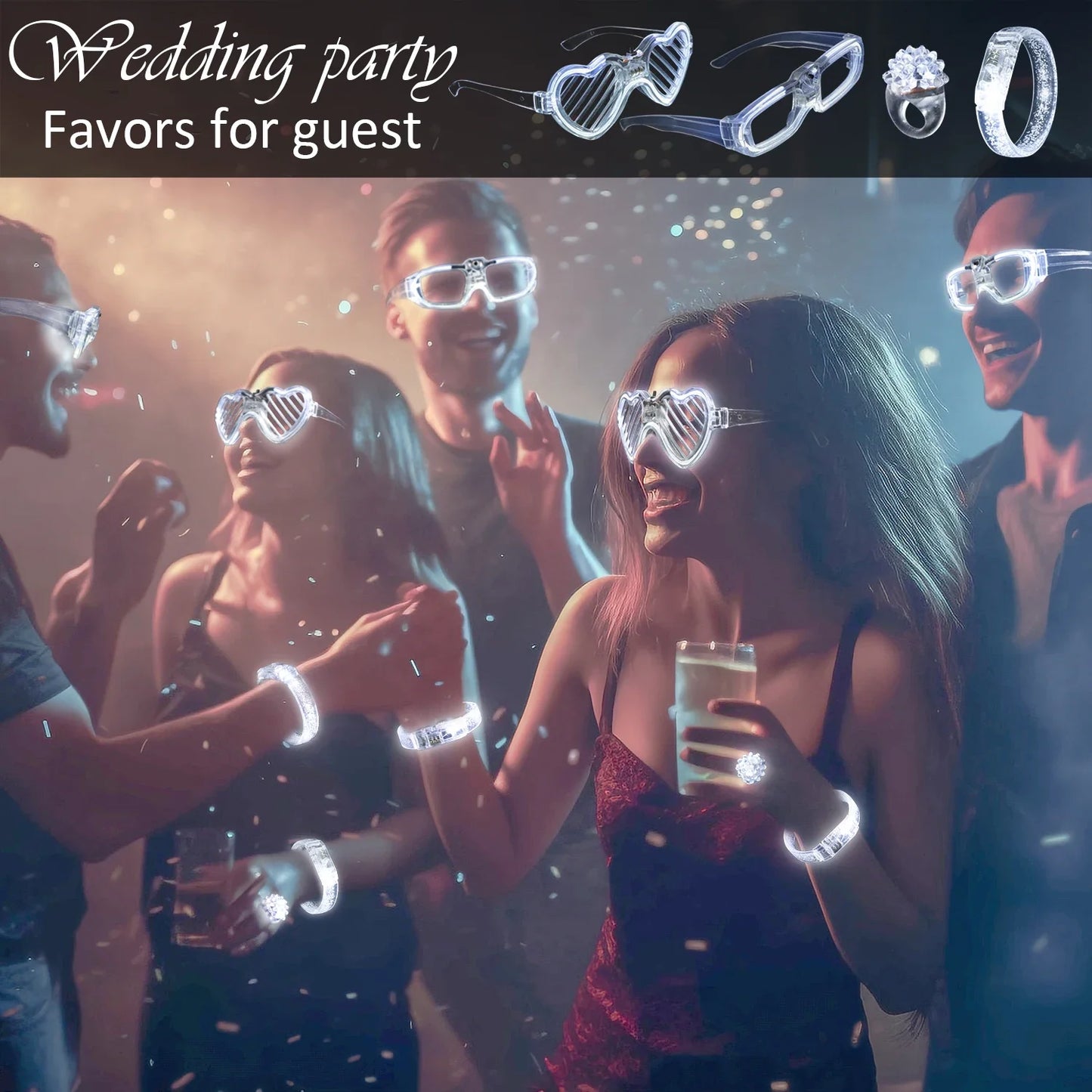 White Wedding Mix Sets LED Light Up Glasses Glow Bracelets and Flashing Bumpy Rings Wedding Party Favors Supplies