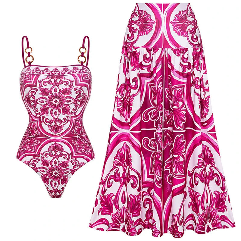 Flaxmaker Classic Women Sexy Bikini Sets Long Sleeves Majolica Series Pattern Print One Piece Swimsuit Skirt Biquini Beachwear