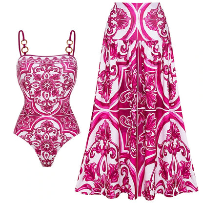 Flaxmaker Classic Women Sexy Bikini Sets Long Sleeves Majolica Series Pattern Print One Piece Swimsuit Skirt Biquini Beachwear