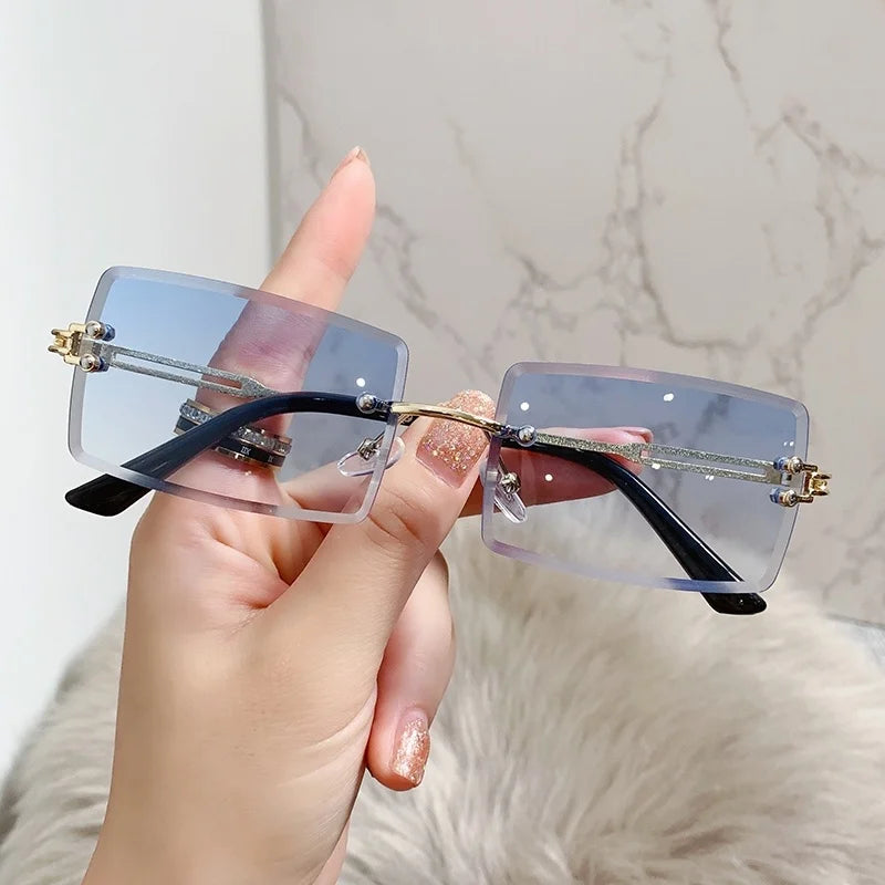 Rimless Rectangle Vintage Sunglasses Woman Brand Pink Gradient Sun Glasses Female Cutting Lens Square Ladies Oculos De Sol
