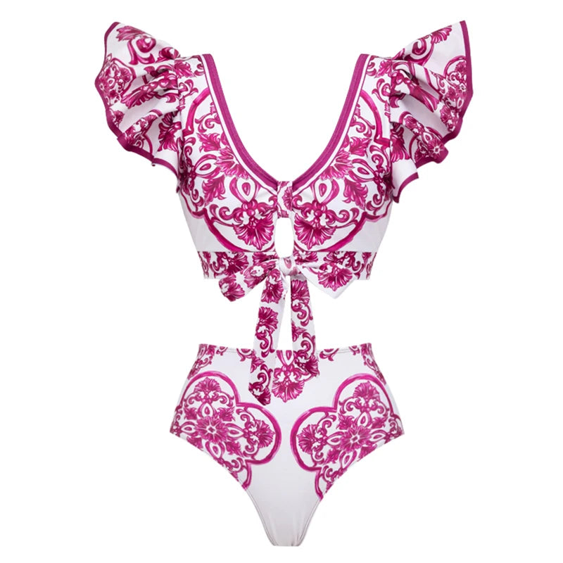 Flaxmaker Classic Women Sexy Bikini Sets Long Sleeves Majolica Series Pattern Print One Piece Swimsuit Skirt Biquini Beachwear