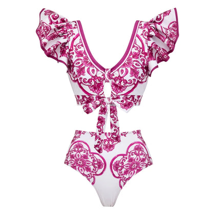 Flaxmaker Classic Women Sexy Bikini Sets Long Sleeves Majolica Series Pattern Print One Piece Swimsuit Skirt Biquini Beachwear
