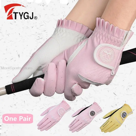 Ttygj 1 Pair Golf Gloves Woman PU Leather Soft Gloves Ladies Anti-Slip Granules Sports Mittens Elegant Right Left Hand Golf Aids