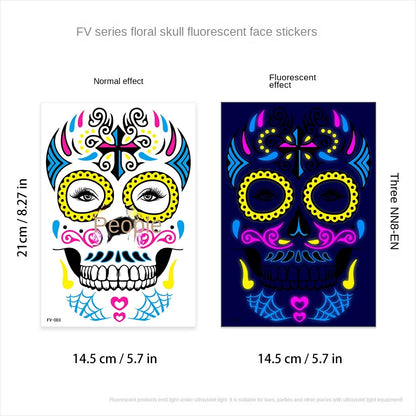 1/4/8pcs Waterproof Fluorescent Temporary Tattoo Neon Halloween Stickers Day of the Dead Party Festival Night Bar Face Stickers