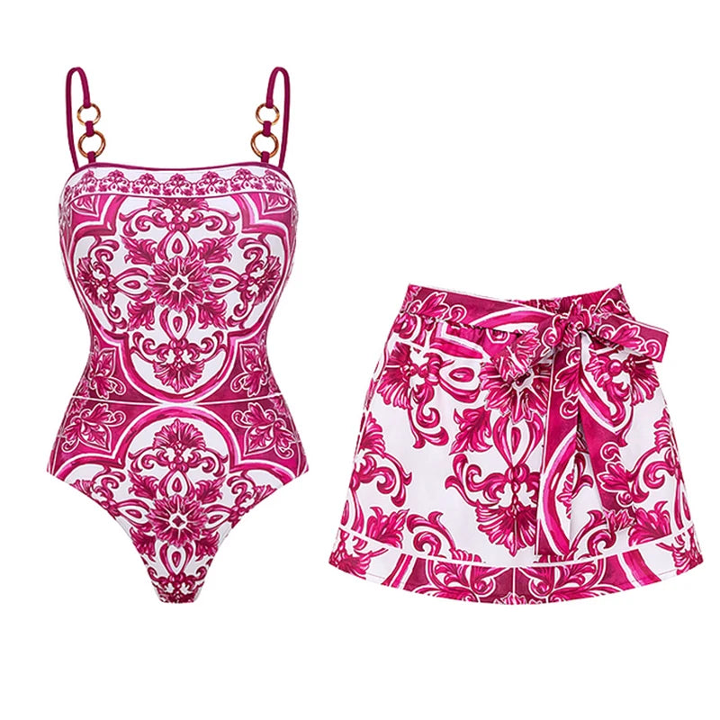 Flaxmaker Classic Women Sexy Bikini Sets Long Sleeves Majolica Series Pattern Print One Piece Swimsuit Skirt Biquini Beachwear