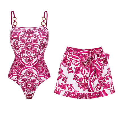 Flaxmaker Classic Women Sexy Bikini Sets Long Sleeves Majolica Series Pattern Print One Piece Swimsuit Skirt Biquini Beachwear