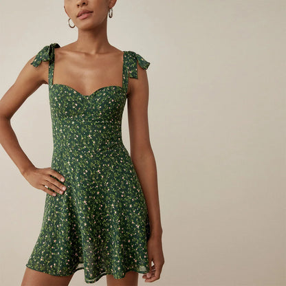 Summer Dresses for Women 2023 Sweetheart Neck Sleeveless Tie Strap Floral Print Mini Dress Woman Vacation Beach Style Sundress