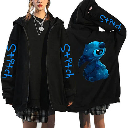 Oversized Y2k Zip-Up Hoodie Disney Women's Lilo & Stitch Costume Winter Clothes Woman Long Sleeve Warm Jacket Zip-Up Street Tops