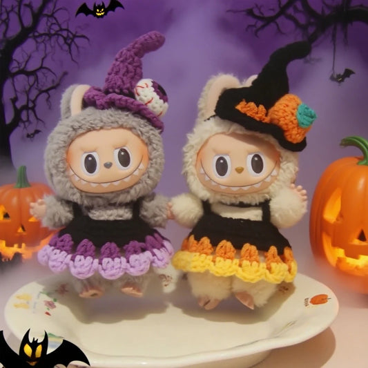 3.0 Labubu Clothes Halloween Knitted Pumpkin Bat Ghost Set for 15/17cm Doll Funny Necklace Accessories Christmas Halloween Gift