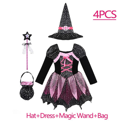 Kids 2025 Halloween Witch Costume for Girls Carnival Party Evil Lovely Witch Vestidos Set Dress+Hat+Magic Wand+Bag Clothes Set