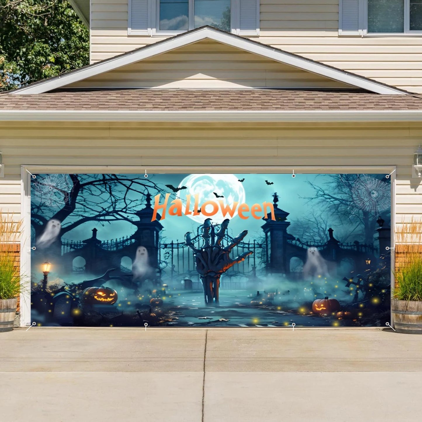 Halloween Garage Door Photography Background Spooky Graveyard Gate Witches Dark Banner Hanging Outdoor Halloween Photo Backdrop