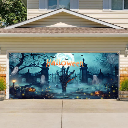 Halloween Garage Door Photography Background Spooky Graveyard Gate Witches Dark Banner Hanging Outdoor Halloween Photo Backdrop