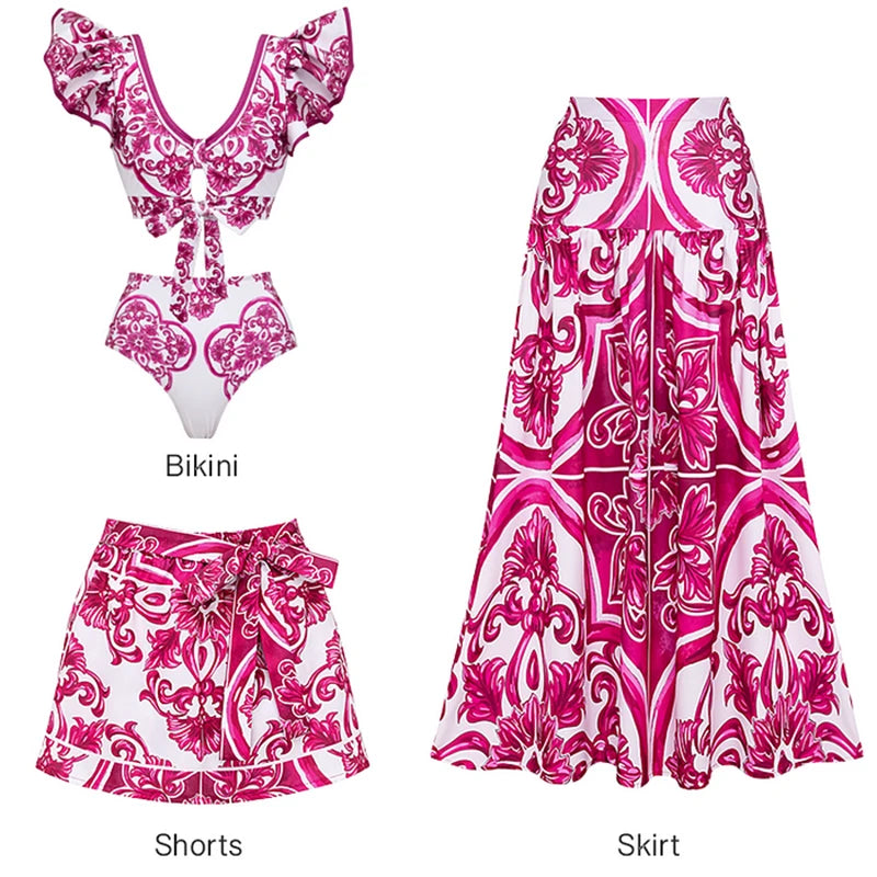 Flaxmaker Classic Women Sexy Bikini Sets Long Sleeves Majolica Series Pattern Print One Piece Swimsuit Skirt Biquini Beachwear