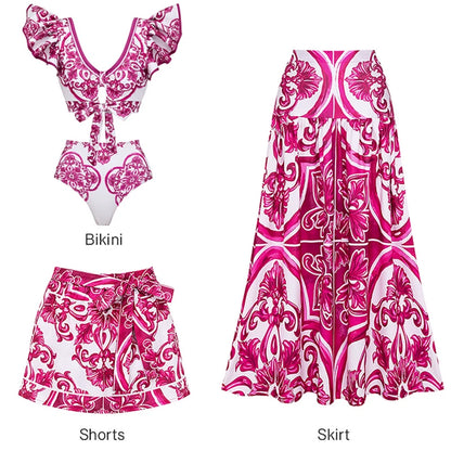 Flaxmaker Classic Women Sexy Bikini Sets Long Sleeves Majolica Series Pattern Print One Piece Swimsuit Skirt Biquini Beachwear