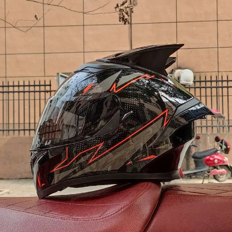 Orz Motorcycle  Full Face Helmet Dual Lens Racing Helmet Personality Horns Modular Flip Up Helmets DOT Approved