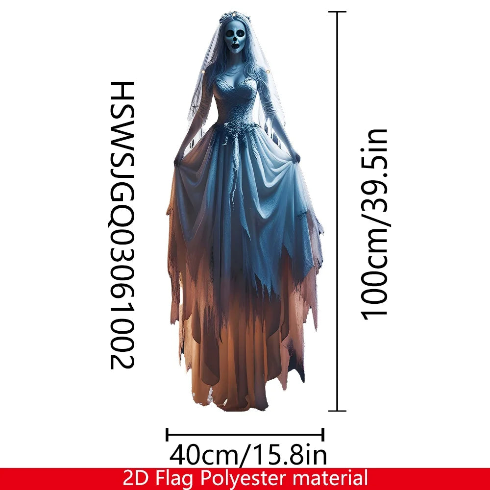 1pc Halloween Skeleton Bride Hanging Flag - Outdoor/Indoor Gothic Decoration, Spooky Bride With Bats & Jack-O-Lanterns Design