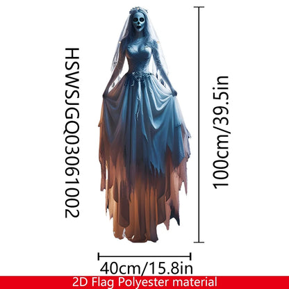 1pc Halloween Skeleton Bride Hanging Flag - Outdoor/Indoor Gothic Decoration, Spooky Bride With Bats & Jack-O-Lanterns Design