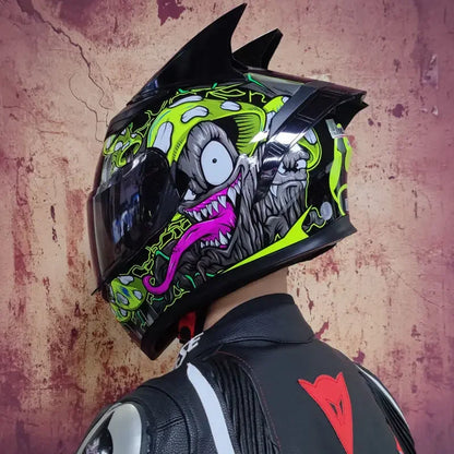 Orz Motorcycle  Full Face Helmet Dual Lens Racing Helmet Personality Horns Modular Flip Up Helmets DOT Approved