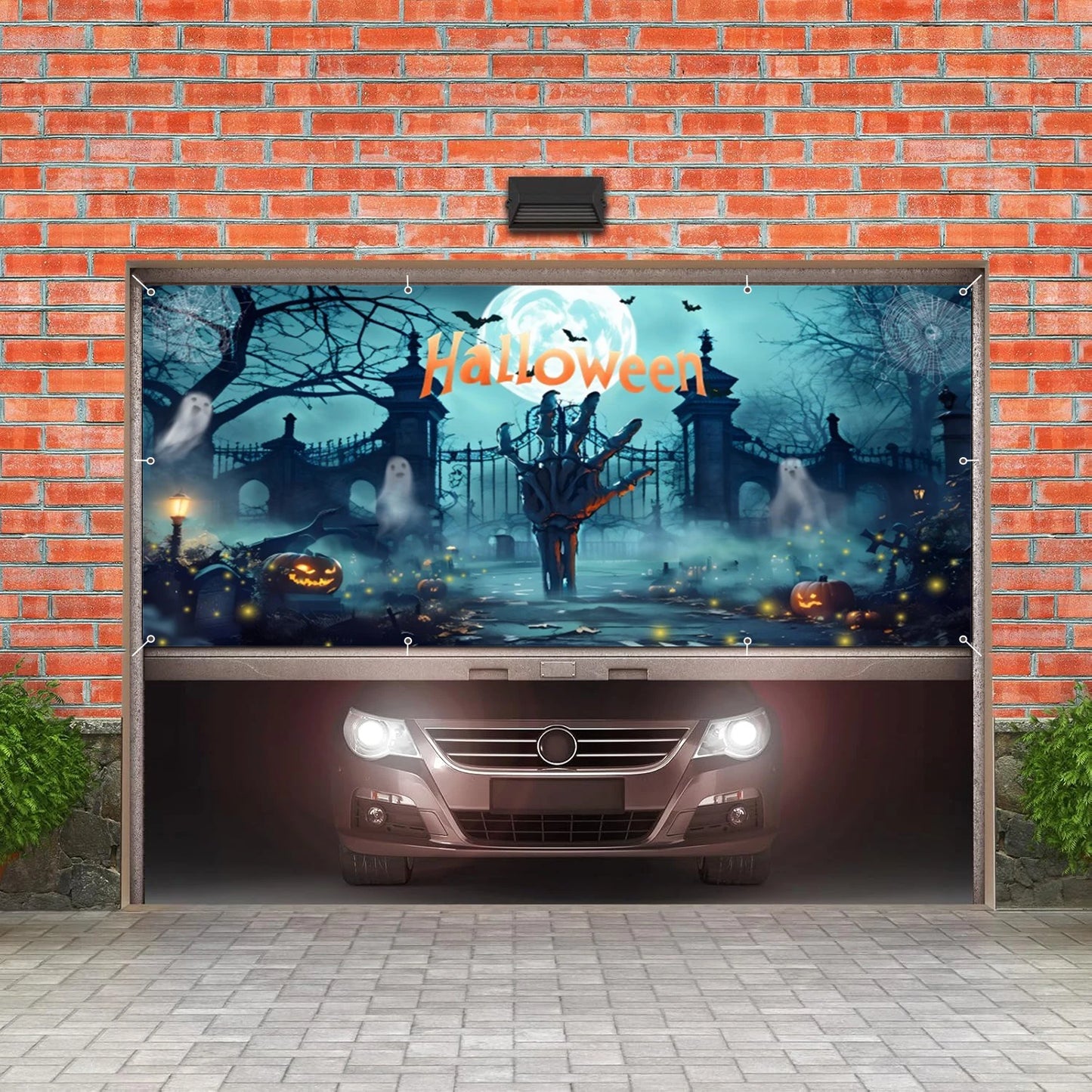 Halloween Garage Door Photography Background Spooky Graveyard Gate Witches Dark Banner Hanging Outdoor Halloween Photo Backdrop