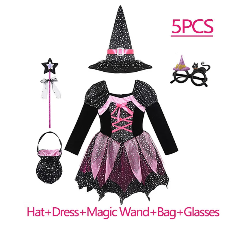 Kids 2025 Halloween Witch Costume for Girls Carnival Party Evil Lovely Witch Vestidos Set Dress+Hat+Magic Wand+Bag Clothes Set