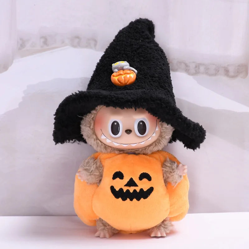 17cm Labubu Halloween Costume - Pumpkin Outfit With Black Hat, Cute Plush Doll Clothing for Labubu, Spooky Festival Cosplay
