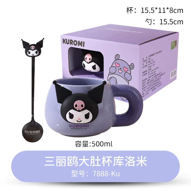 Sanrio Ceramic Mug My Melody Kuromi Cinnamoroll Anime Large Capacity Milk Cup With Spoon Mark Cup Lovers Coffee Cup Girl'S Gift