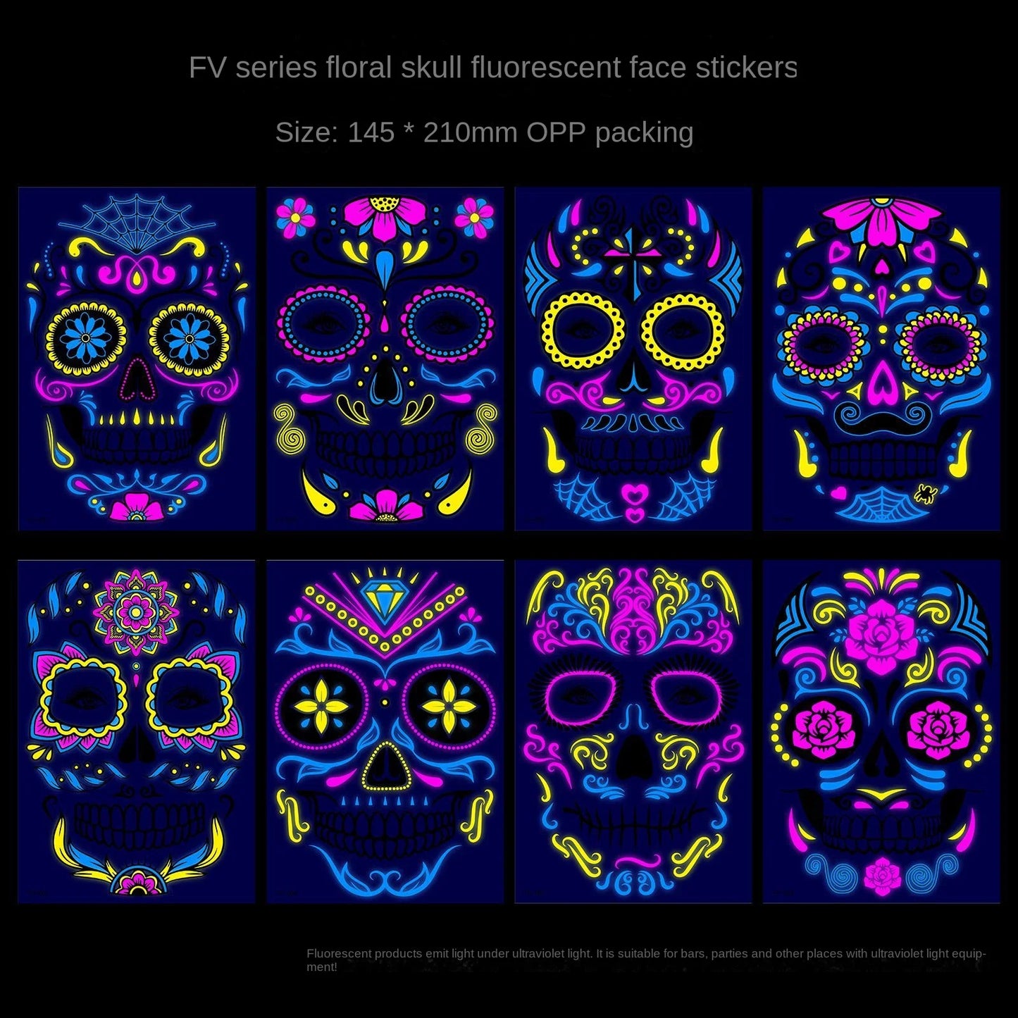 1/4/8pcs Waterproof Fluorescent Temporary Tattoo Neon Halloween Stickers Day of the Dead Party Festival Night Bar Face Stickers