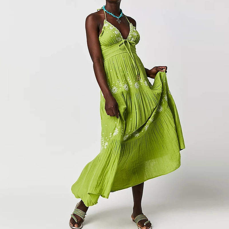 Beach Style Women v Neck Backless Halter Long Dress Bohemian Indie Embroidery Maxi Dress Summer Club Party Vestidos Holiday