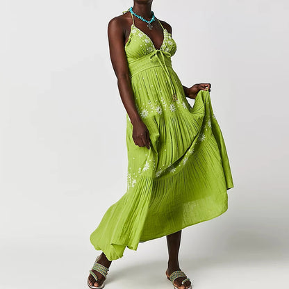 Beach Style Women v Neck Backless Halter Long Dress Bohemian Indie Embroidery Maxi Dress Summer Club Party Vestidos Holiday